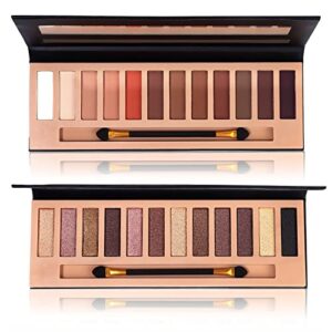 hegafoo 2pcs pro 12 colors eyeshadow makeup palette - matte shimmer pigmented blendable diamond nude natural eye shadow pallet kit with brush(ab)