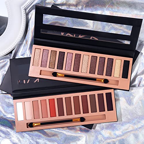 Hegafoo 2Pcs Pro 12 Colors Eyeshadow Makeup Palette - Matte Shimmer Pigmented Blendable Diamond Nude Natural Eye Shadow Pallet Kit with Brush(AB)