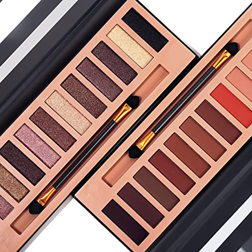 Hegafoo 2Pcs Pro 12 Colors Eyeshadow Makeup Palette - Matte Shimmer Pigmented Blendable Diamond Nude Natural Eye Shadow Pallet Kit with Brush(AB)