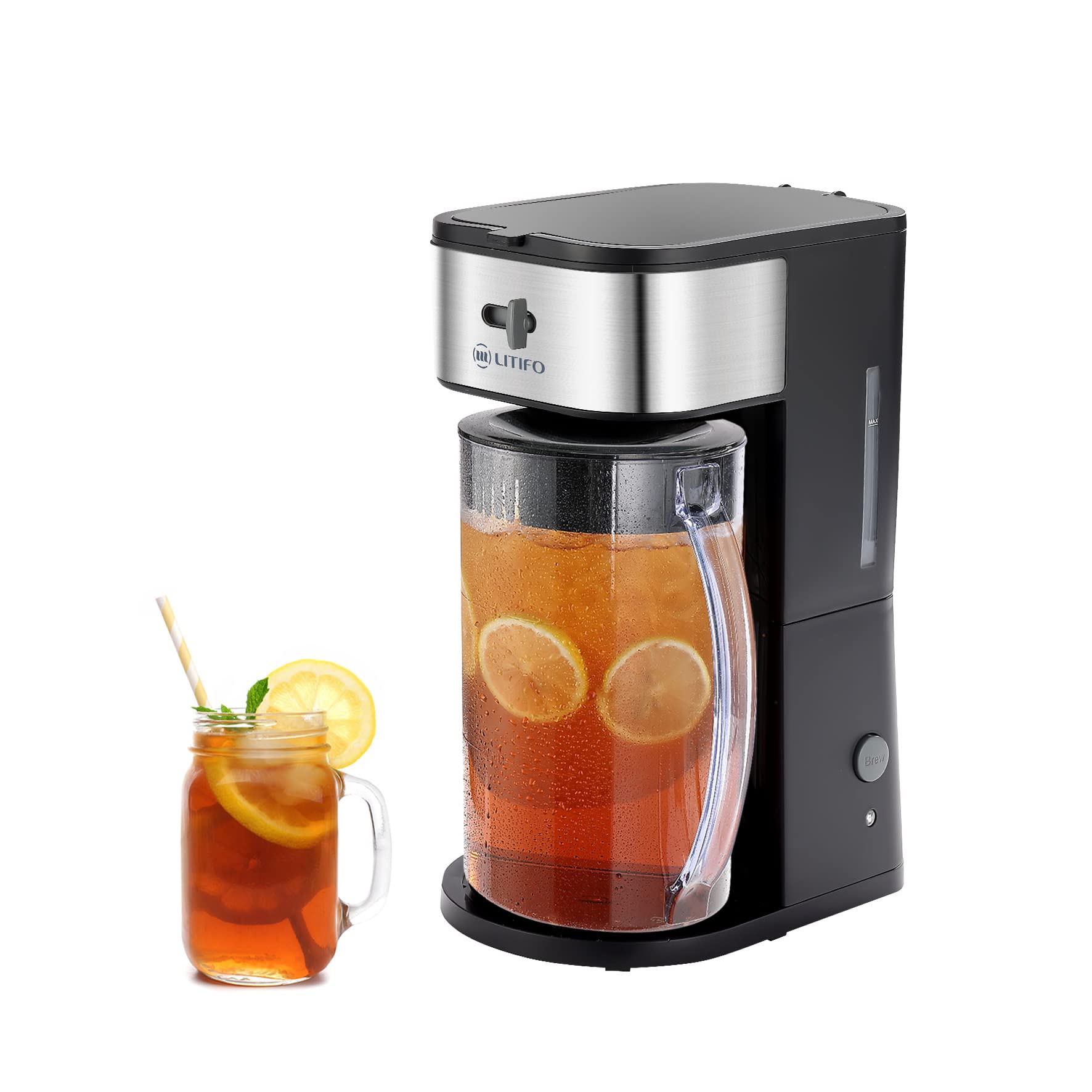 LITIFO Iced Tea Maker and Iced Coffee Maker Brewing System with 2-quart Pitcher, sliding strength selector for Taste Customization, Stainless Steel (Blue)