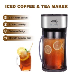 LITIFO Iced Tea Maker and Iced Coffee Maker Brewing System with 2-quart Pitcher, sliding strength selector for Taste Customization, Stainless Steel (Blue)