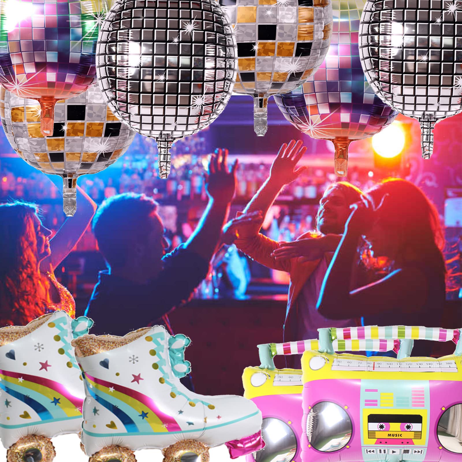 Timisea 10 PCS Rainbow Roller Skate Balloons Boom Box Balloon,22 Inch Round Color Foil Balloons, 4D Laser Disco Foil Balloons 80s 90s Retro Theme Hip Hop Disco Fever Birthday Party Balloon Decor