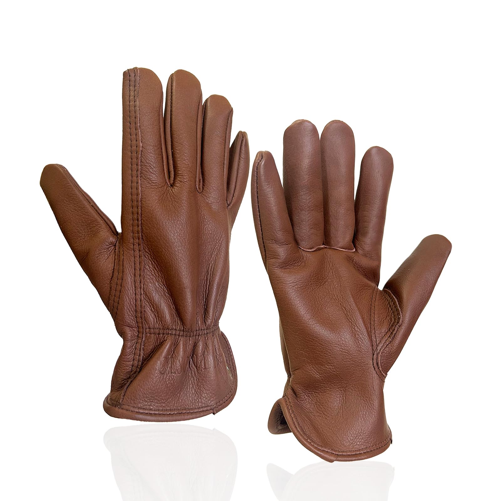 OLSON DEEPAK Retro Brown Leather Work Gloves for Cutting/Motorcycle/Farm,Cowhide Work Gloves with faded effect for men (Brown, M)