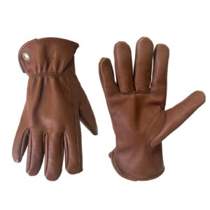 OLSON DEEPAK Retro Brown Leather Work Gloves for Cutting/Motorcycle/Farm,Cowhide Work Gloves with faded effect for men (Brown, M)