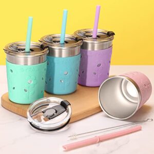 Tiblue Kids & Toddler Cups - Spill Proof Stainless Steel Smoothie Tumblers with Leak Proof Lids, Silicone Straw with Stopper & Sleeve - BPA FREE Snack Cup for Baby Girls Boys(4 Pack, 8oz Multicolor)