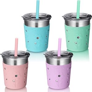 tiblue kids & toddler cups - spill proof stainless steel smoothie tumblers with leak proof lids, silicone straw with stopper & sleeve - bpa free snack cup for baby girls boys(4 pack, 8oz multicolor)