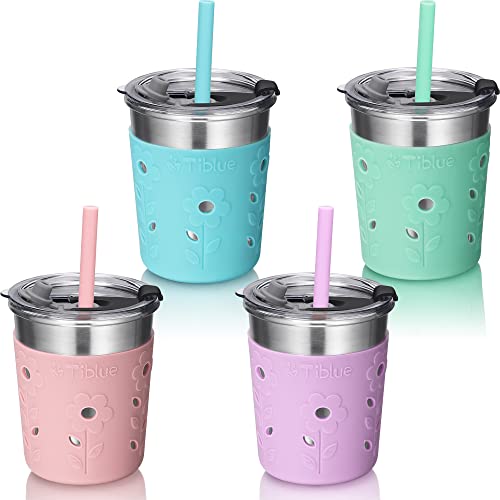 Tiblue Kids & Toddler Cups - Spill Proof Stainless Steel Smoothie Tumblers with Leak Proof Lids, Silicone Straw with Stopper & Sleeve - BPA FREE Snack Cup for Baby Girls Boys(4 Pack, 8oz Multicolor)