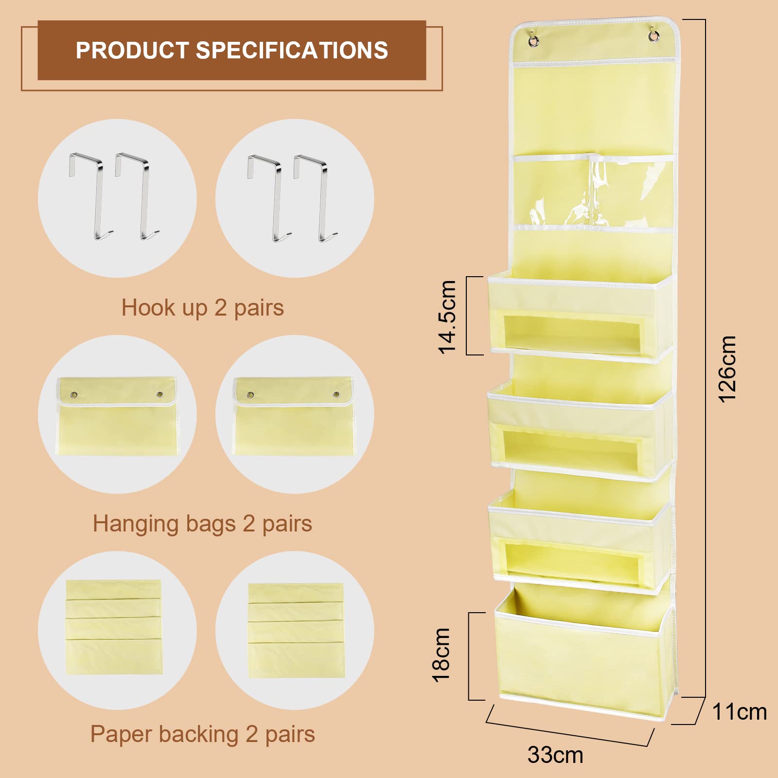 FGSAEOR 5 Layers Over The Door Organizer - 2 Pack Nursery Closet Organizers Baby Storage with 4 Foldable Big Pocket Storage,Clear Window PVC Pocket for Pantry,Toys and Sundries - Beige