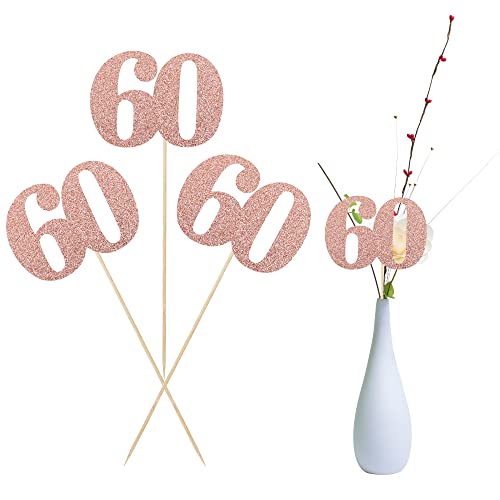 12 PCS Glitter 60th Birthday Centerpiece Sticks Number 60 Cake Toppers Sixty Table Flower Topper Decorations for 60th Birthday Anniversary Party Centerpiece Supplies Rose Gold