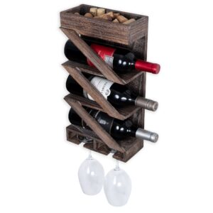 rustic state rioja wall mount wood wine rack with 2 glass & 3 bottle holder, stemware shelf, cork storage - corkscrew holder for champagne, red & white wine - home, kitchen, dining room bar décor