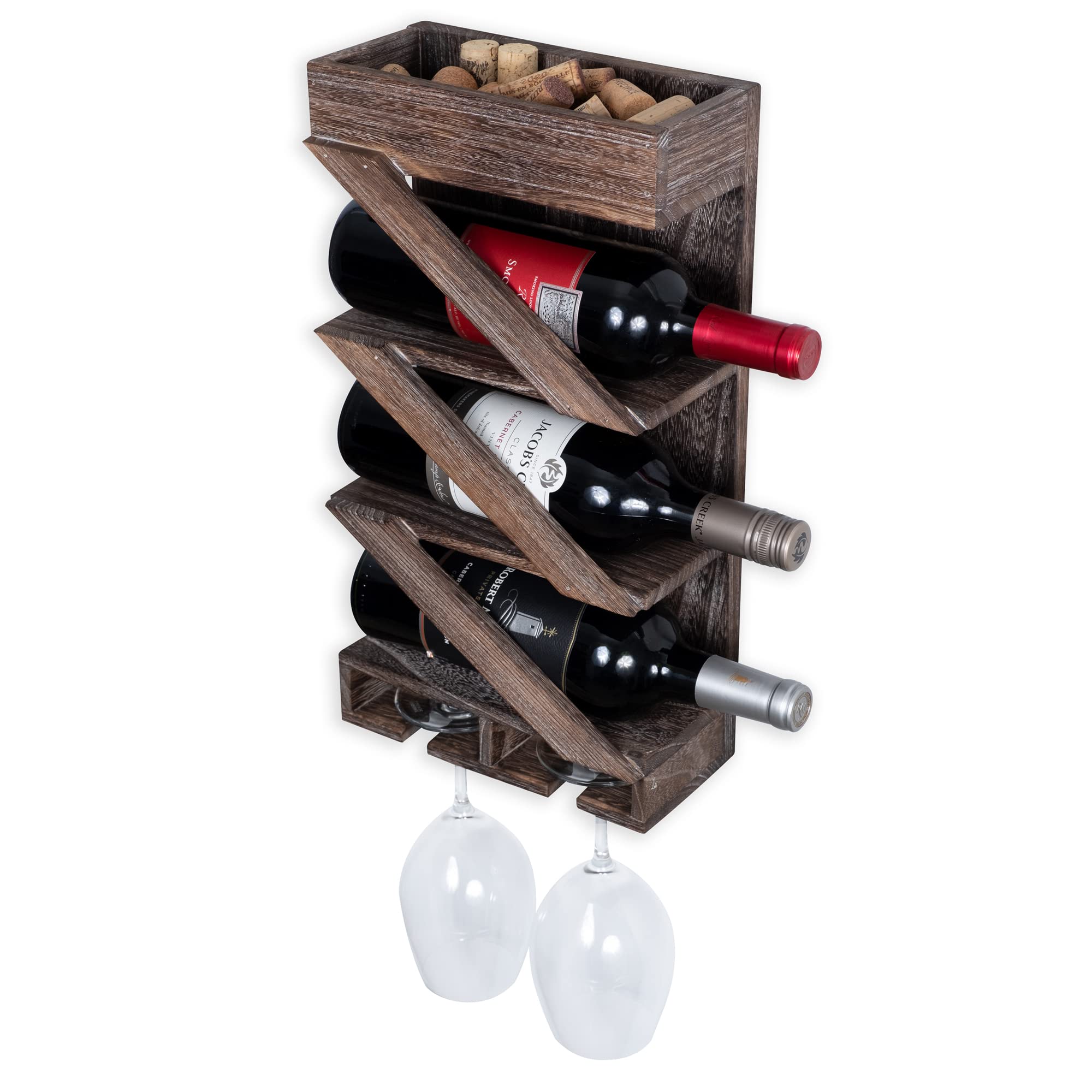 Rustic State Rioja Wall Mount Wood Wine Rack with 2 Glass & 3 Bottle Holder, Stemware Shelf, Cork Storage - Corkscrew Holder for Champagne, Red & White Wine - Home, Kitchen, Dining Room Bar Décor