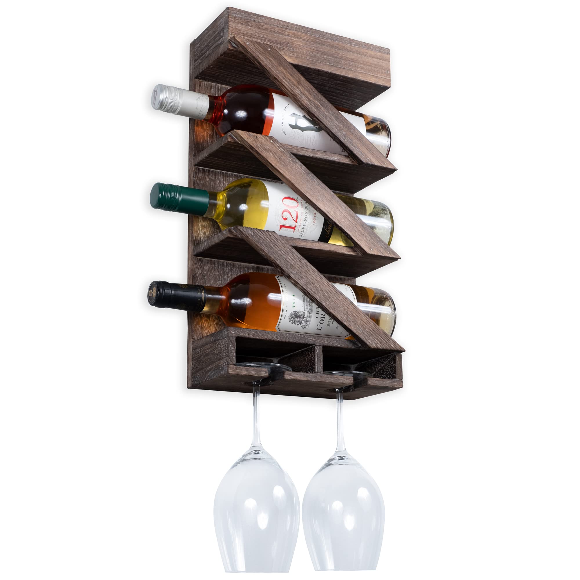 Rustic State Rioja Wall Mount Wood Wine Rack with 2 Glass & 3 Bottle Holder, Stemware Shelf, Cork Storage - Corkscrew Holder for Champagne, Red & White Wine - Home, Kitchen, Dining Room Bar Décor