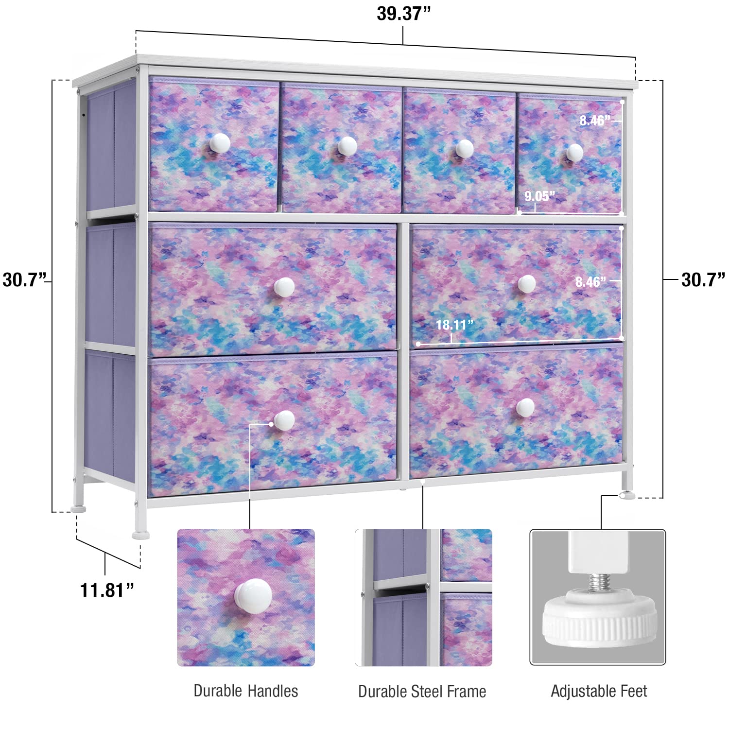 Sorbus Fabric Dresser for Kids Bedroom - Chest of 8 Drawers, Storage Tower, Clothing Organizer, for Closet, for Playroom, for Nursery, Steel Frame, Fabric Bins - Knob Handle (Tie-dye Purple)