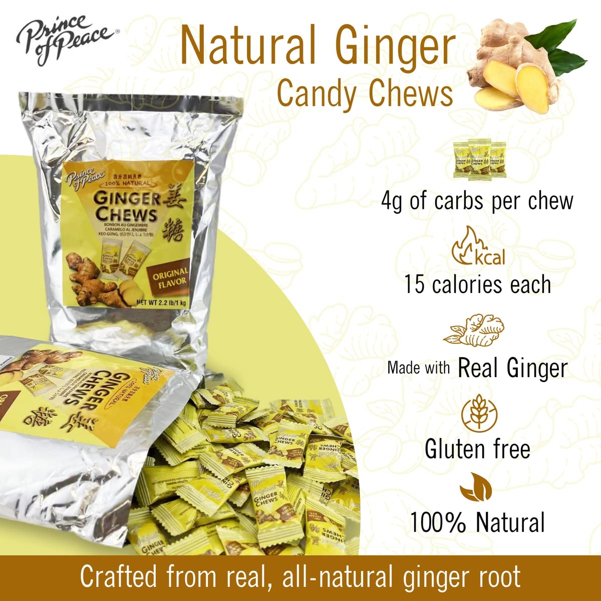 Prince of Peace Ginger Chews with Lemon, 2.2lb/1 kg. – Candied Ginger – Candy Pack – Ginger Chews Candy – Natural Candy