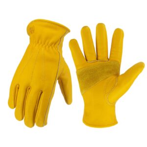 kkoying leather work gloves for men & women, gardening gloves, reinforced durable cowhide work gloves, puncture & cut resistant (medium)