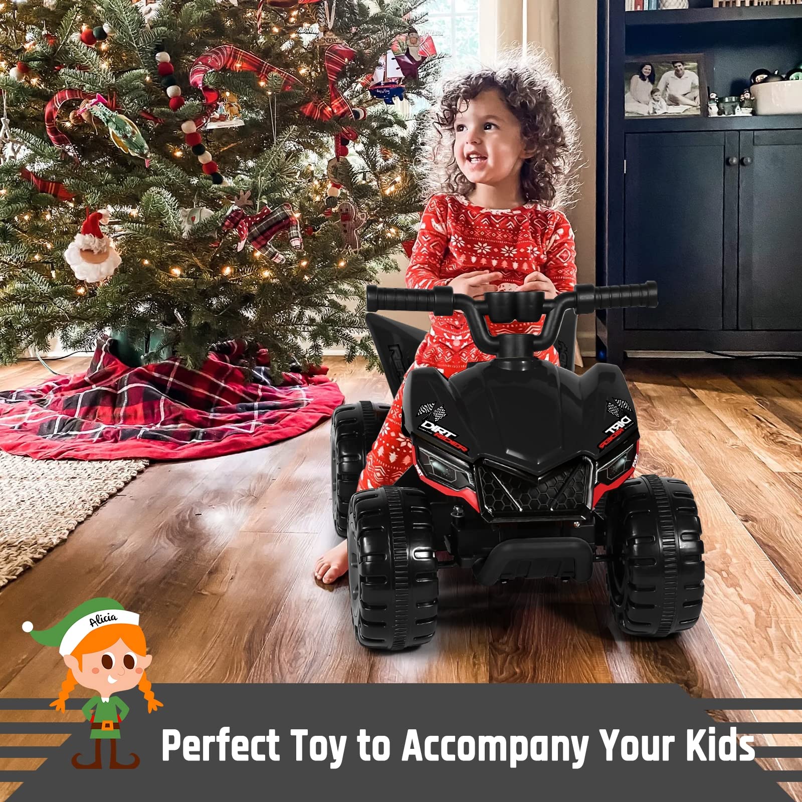 TEOAYEAH 25W Toddlers ATV, Wireless Music, 6V Battery Powered Electric ATV, Rear Motor Ride on Toys, DIY Sticker, Push Button Drive System (Black)