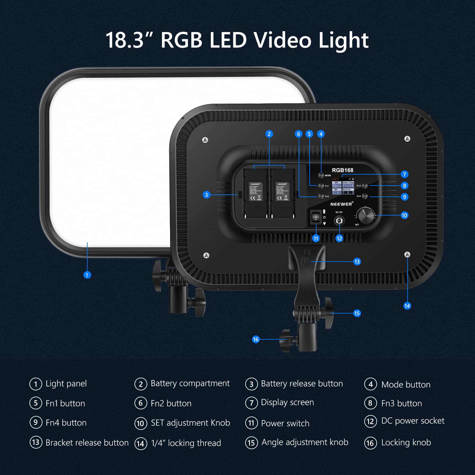 NEEWER 18.3" RGB LED Video Light Panel with APP Control, 360°Full Color, 1 Pack 60W Dimmable 2500K~8500K RGB LED Panel CRI/TLCI 97+ with 17 Special Scenes Effect for Game YouTube Zoom Photography