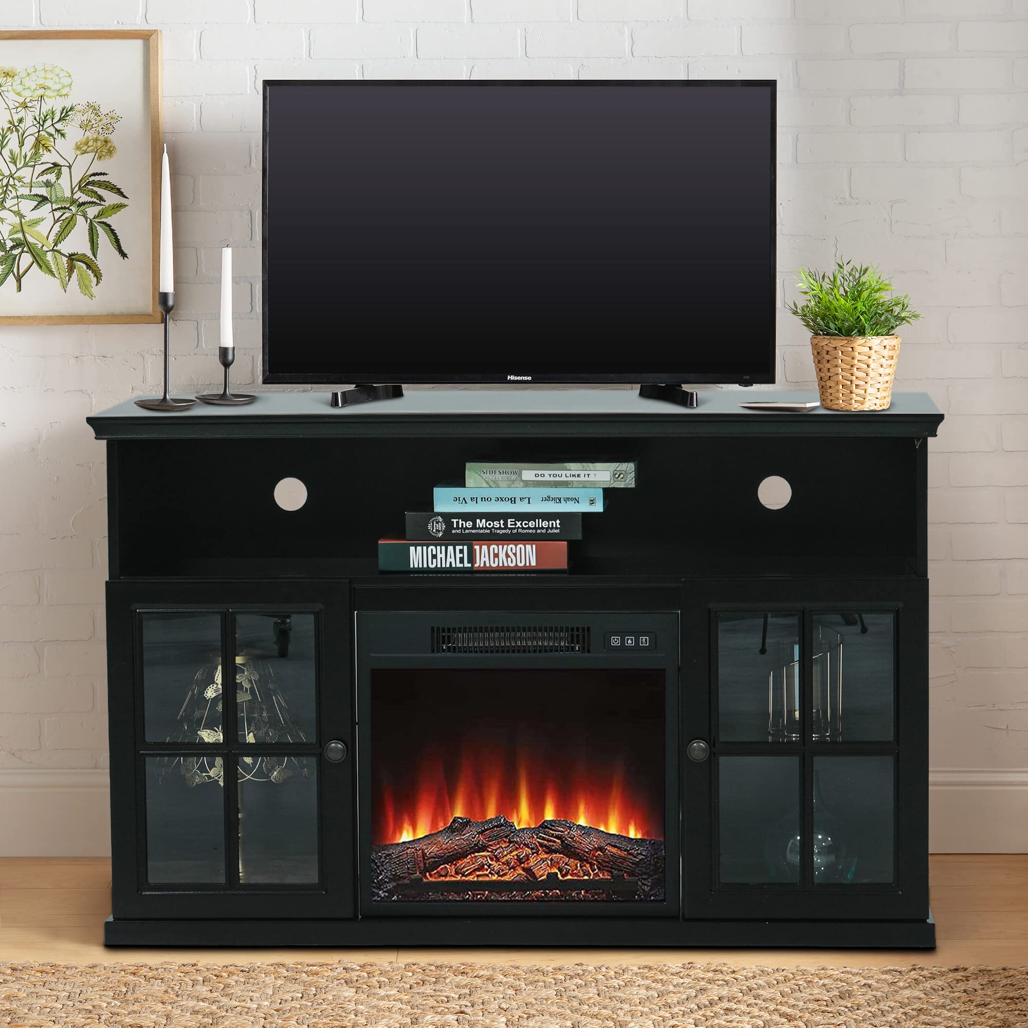 MAISON ARTS Glass Doors Fireplace TV Stand with Electric Fireplace Inserts 47" Farmhouse Media Console Table Entertainment Center for TVs Up to 55" for Home Living Room Bedroom, Black