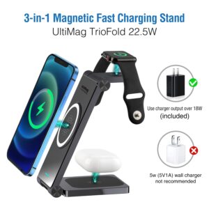 LAVAVIK Wireless Charging Station, 3 in 1 22.5W Fast Magnetic Charger Stand with 18W Adapter Foldable Fast Charging Dock for iPhone 15/14/13/12/11/X/Plus/Pro/Max, iWatch 9 8 7, AirPods Pro