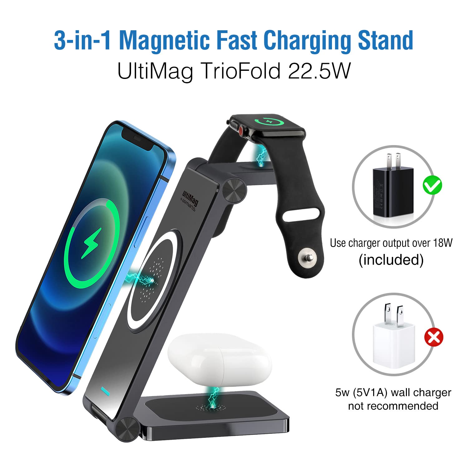 LAVAVIK Wireless Charging Station, 3 in 1 22.5W Fast Magnetic Charger Stand with 18W Adapter Foldable Fast Charging Dock for iPhone 15/14/13/12/11/X/Plus/Pro/Max, iWatch 9 8 7, AirPods Pro