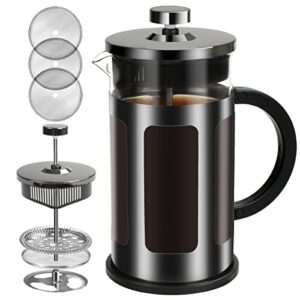 favia french press coffee maker 12 ounce stainless steel with borosilicate glass heat resistant 4 level filtration system for brew coffee & tea dishwasher safe 350ml (12oz, stainless black)