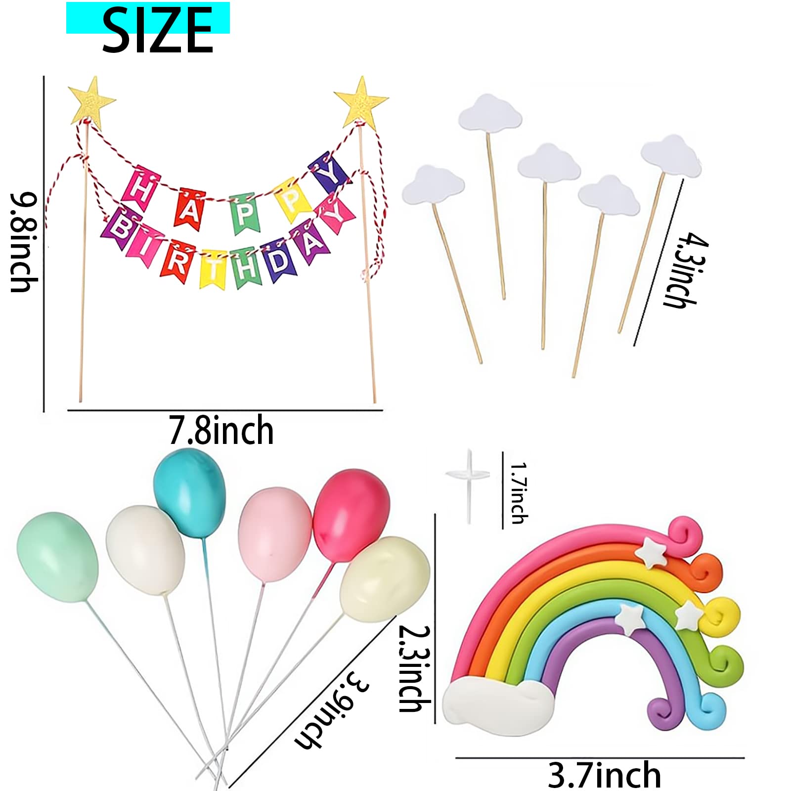 BIEUFBJI Rainbow Cake Topper, 15-Piece Cake Decoration Set, Lnclude Colorful Rainbow Clouds Balloon Stars, For Boy Girl Kid Birthday Baby Shower Party Baking Decoration Supplies