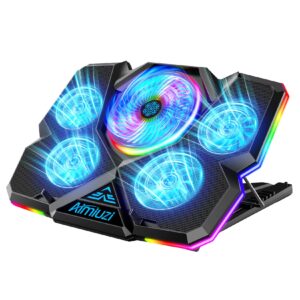 laptop cooling pad, gaming laptop cooler with 5 quiet fans and colorful rgb light(one click colse), laptop fan cooling pad fits 12-17 inch laptop, usb port powered, 7 adjustable height
