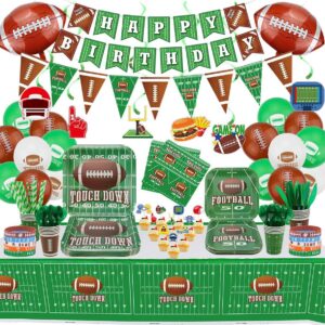 football theme party supplies,including birthday banner, football silicone bracelet, hanging swirl, plates, cups, napkins, tableware, tablecloth, football birthday party decorations, serves 20