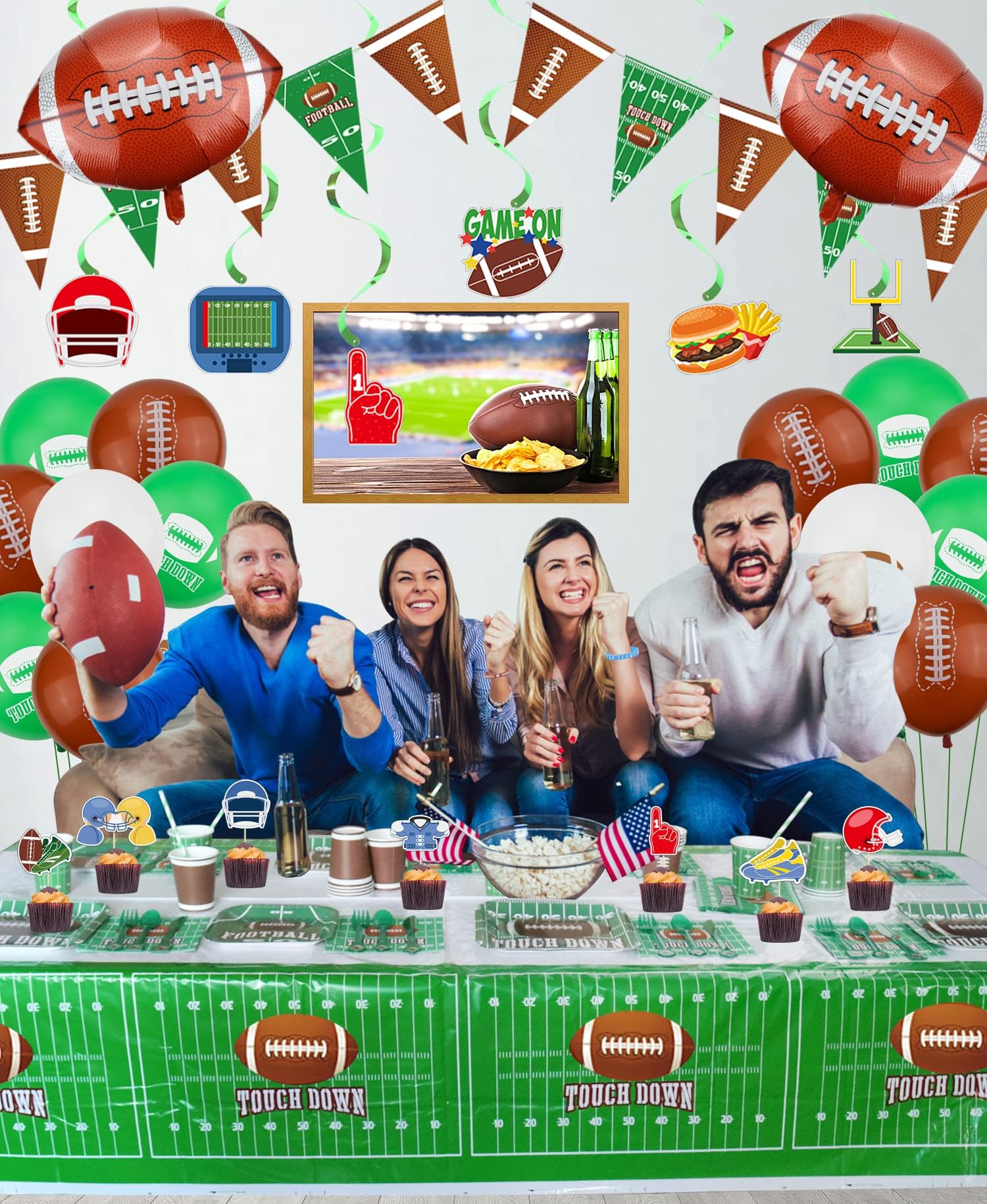 Football Theme Party Supplies,Including Birthday Banner, Football Silicone Bracelet, Hanging Swirl, Plates, Cups, Napkins, Tableware, Tablecloth, Football Birthday Party Decorations, Serves 20