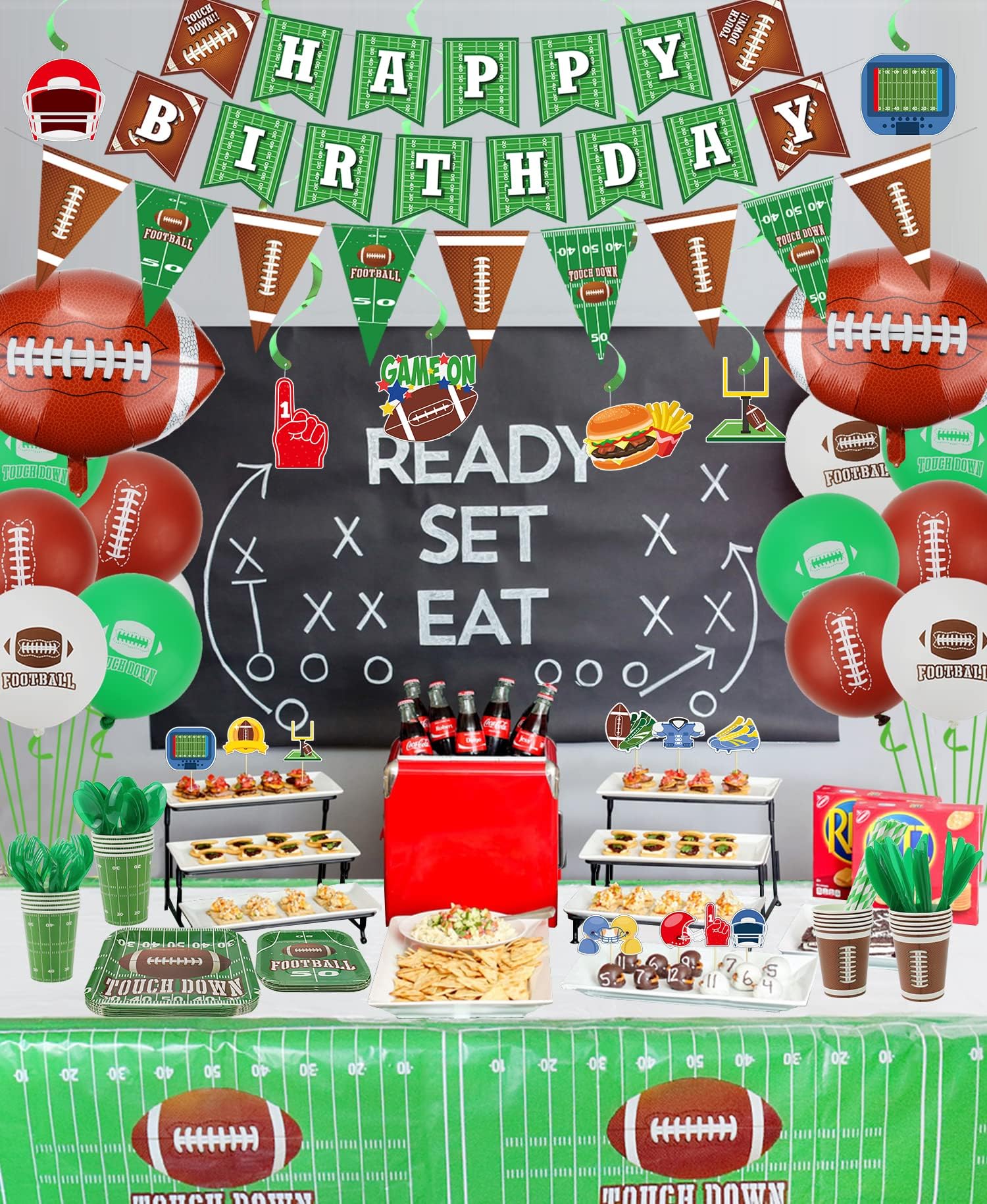 Football Theme Party Supplies,Including Birthday Banner, Football Silicone Bracelet, Hanging Swirl, Plates, Cups, Napkins, Tableware, Tablecloth, Football Birthday Party Decorations, Serves 20