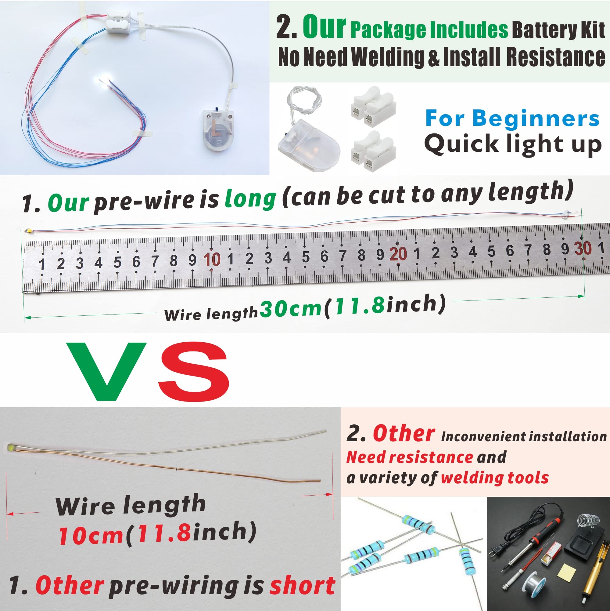 ZZHOB 25PCS Pre-Wired 0805 SMD LEDs(Light Mode: Continuous Green Light) Micro LED Light Emitting Diode + Connector & Battery Holder (Green, 25pcs)