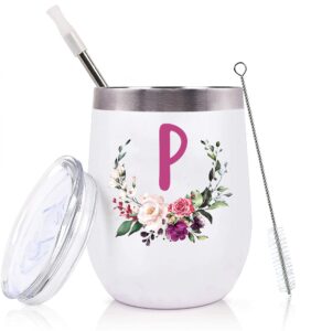 pfl wedding gifts for maid of honor from bride -bachelorette party gifts-bridal shower bridesmaids best friends sister -12oz women monogrammed wine tumbler coffee mug cup glass -initial letter p