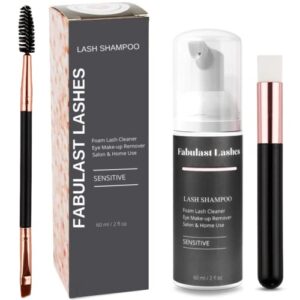 lash shampoo for lash extensions kit - cleaning brush & mascara wand - sensitive foaming eyelash extension cleanser eye makeup remover - paraben, sulfate, oil free - salon & home use (60ml/ 2fl oz)