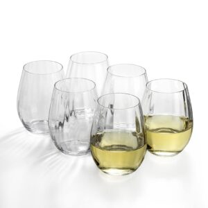1500° c tabletop radial ray stemless wine glasses set of 6, 18 oz, crystal clear wine glasses for white and red wine, ideal gifts for wine lover at chrismas and new year.