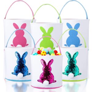6 pieces easter bunny basket bags for kids canvas easter eggs hunt basket with handle easter tote bags carrying and eggs hunt bags rabbit easter party decorations (vivid color)