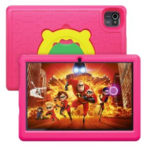 amiamo kids tablet 10 inch, android 13 kids tablet 10.1" display 5000mah kidoz pre installed parental control learning tablet, 6gb+64gb quad core processor wi-fi bluetooth kid-proof case (pink)