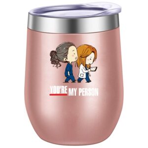 greys anatomy merchandise 12oz wine tumbler glass with lid -you are my person friends gifts insulated cups-stemless wine glasses-novelty mothers day birthday christmas gift for her women bestie