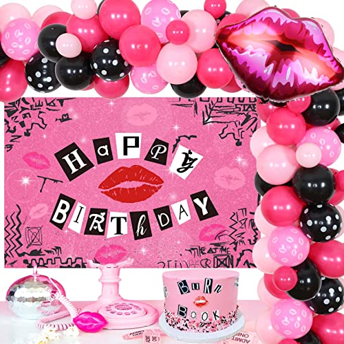 Sursurprise Burn Book Party Decorations Balloon Garland Kit with Backdrop, Lip Foil Balloon for Girls and Women Y2K Early 2000s Birthday Decor