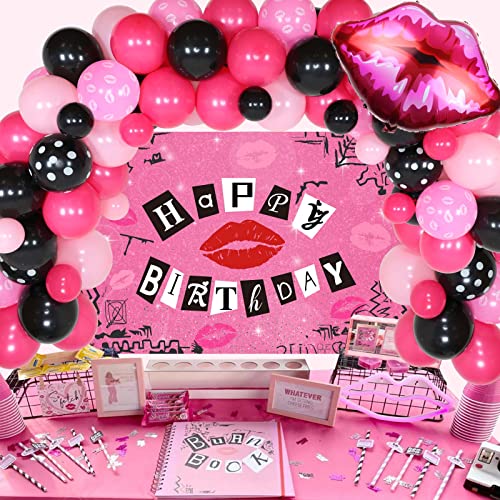 Sursurprise Burn Book Party Decorations Balloon Garland Kit with Backdrop, Lip Foil Balloon for Girls and Women Y2K Early 2000s Birthday Decor