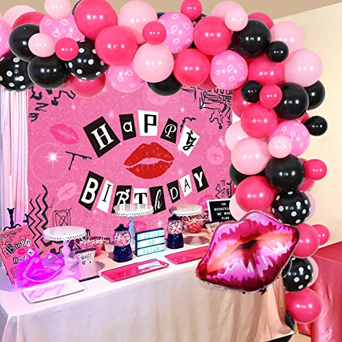 Sursurprise Burn Book Party Decorations Balloon Garland Kit with Backdrop, Lip Foil Balloon for Girls and Women Y2K Early 2000s Birthday Decor