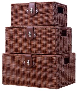homepeaz set of 3 woven wicker storage basket box with lid & lock, built-in carry handles, multifunctional storage organiser for nursery, baby, clothes, toys, books, large/medium/small size (natural)