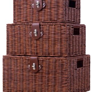 Homepeaz Set of 3 Woven Wicker Storage Basket Box with Lid & Lock, Built-in Carry Handles, Multifunctional Storage Organiser for Nursery, Baby, Clothes, Toys, Books, Large/Medium/Small Size (Natural)