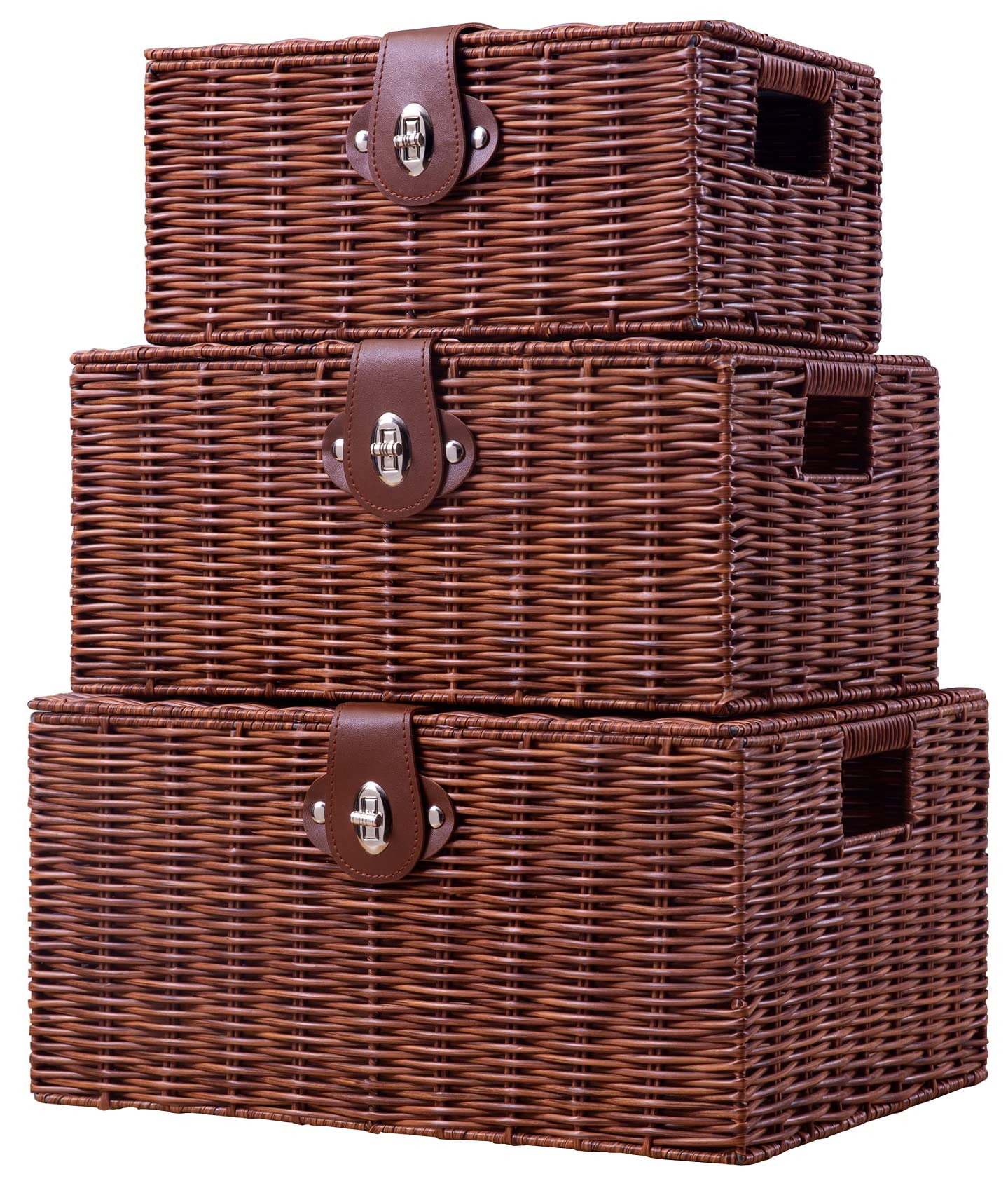 Homepeaz Set of 3 Woven Wicker Storage Basket Box with Lid & Lock, Built-in Carry Handles, Multifunctional Storage Organiser for Nursery, Baby, Clothes, Toys, Books, Large/Medium/Small Size (Natural)