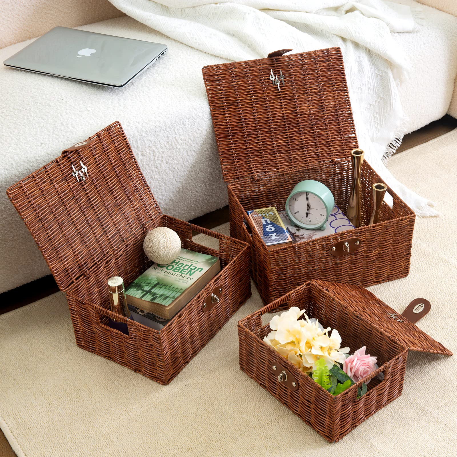 Homepeaz Set of 3 Woven Wicker Storage Basket Box with Lid & Lock, Built-in Carry Handles, Multifunctional Storage Organiser for Nursery, Baby, Clothes, Toys, Books, Large/Medium/Small Size (Natural)