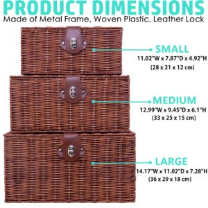 Homepeaz Set of 3 Woven Wicker Storage Basket Box with Lid & Lock, Built-in Carry Handles, Multifunctional Storage Organiser for Nursery, Baby, Clothes, Toys, Books, Large/Medium/Small Size (Natural)