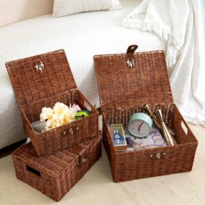 Homepeaz Set of 3 Woven Wicker Storage Basket Box with Lid & Lock, Built-in Carry Handles, Multifunctional Storage Organiser for Nursery, Baby, Clothes, Toys, Books, Large/Medium/Small Size (Natural)