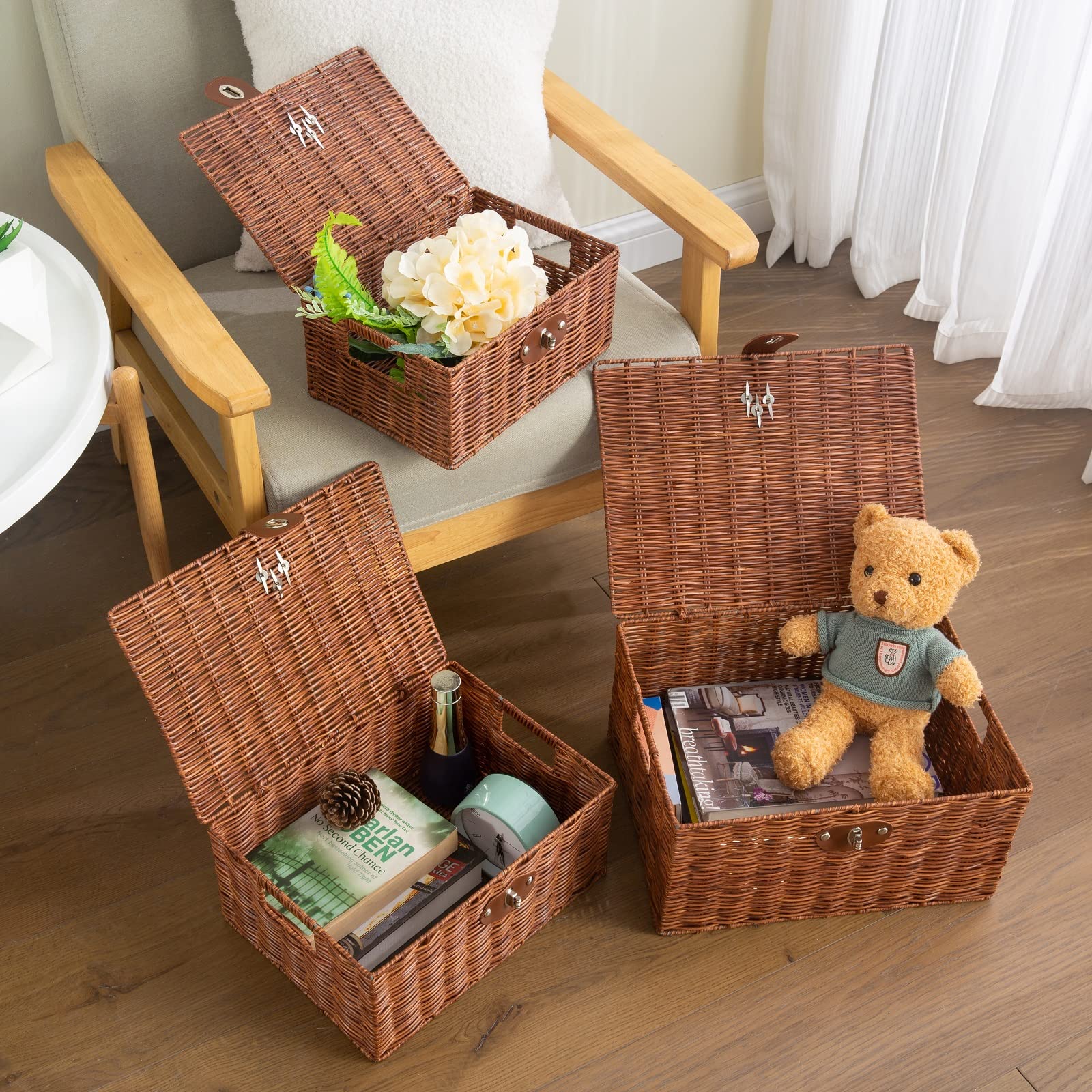 Homepeaz Set of 3 Woven Wicker Storage Basket Box with Lid & Lock, Built-in Carry Handles, Multifunctional Storage Organiser for Nursery, Baby, Clothes, Toys, Books, Large/Medium/Small Size (Natural)