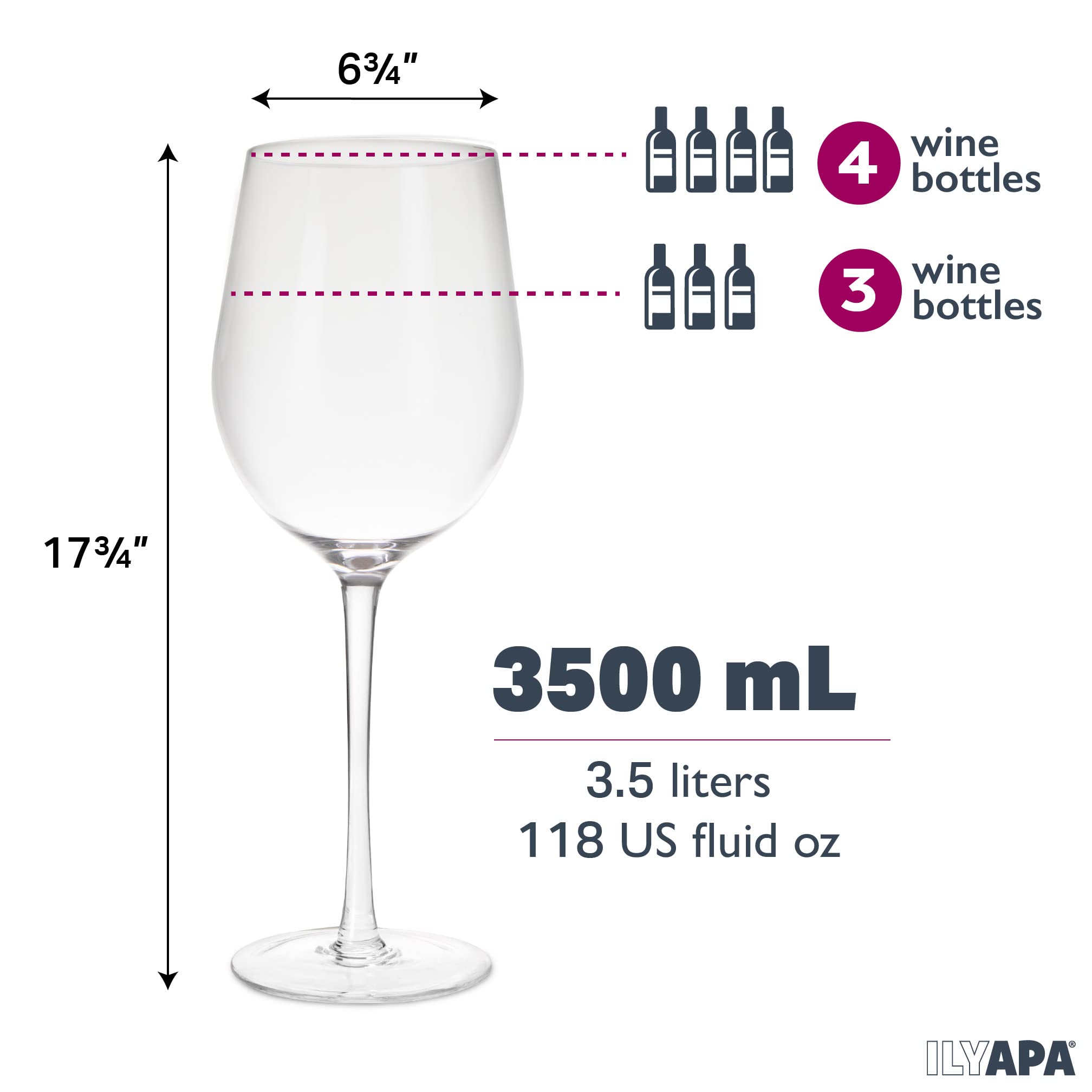 Ilyapa Extra Large 3500ml Wine Glass - Kitchen Bar Display Holder Giant Drink Glass White Elephant Gag Gift