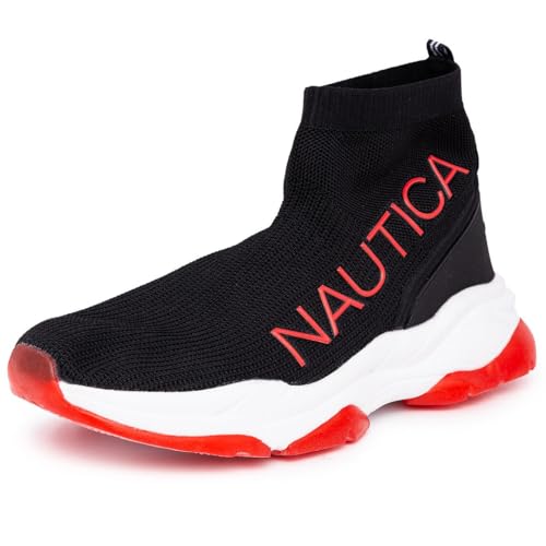 Nautica Men's High Top Sneakers Breathable Knit with Socks Ankle Support Slip-On Tennis Comfort Shoes for Fashion Gym Sports-Bowen Mens-Black Red-Size 13