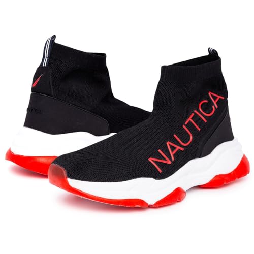 Nautica Men's High Top Sneakers Breathable Knit with Socks Ankle Support Slip-On Tennis Comfort Shoes for Fashion Gym Sports-Bowen Mens-Black Red-Size 13